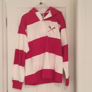 Red and white hooded rugby shirt, lacrosse sticks
